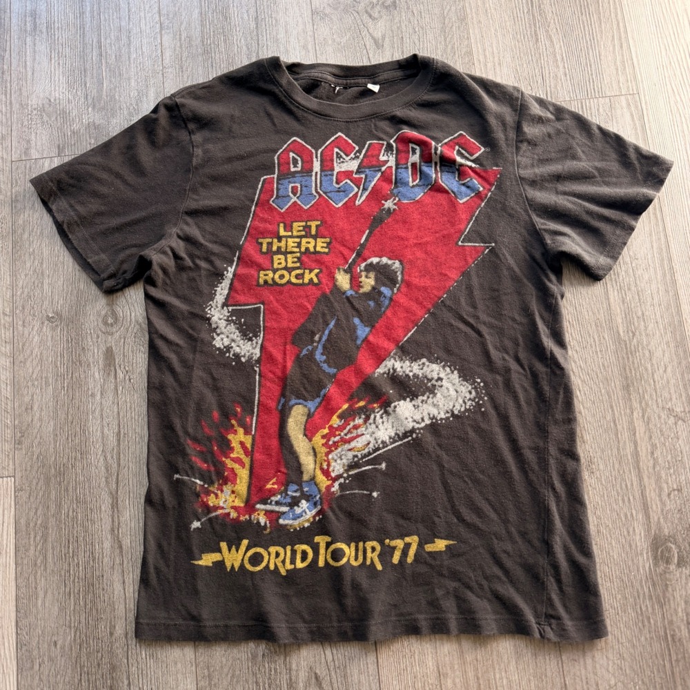 AC/DC Mens S Black Let There Be Rock World Tour 77 Graphic Tee Vintage Look